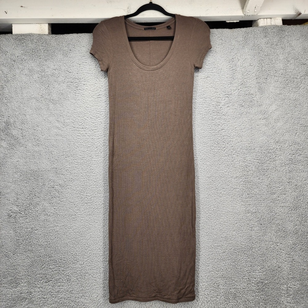 ATM Anthony Thomas Melillo Small Brown Ribbed Scoop Neck Short Sleeve Midi Dress